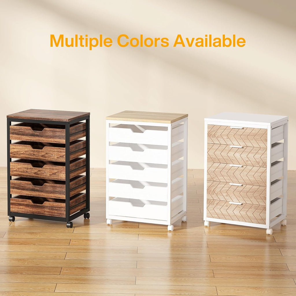 Tribesigns 5-Drawer File Cabinet, Wood Mobile Storage Drawer Unit, Industrial Office Cabinet with Drawers & Wheels, Rolling Printer Stand for Home Office, Beige & White