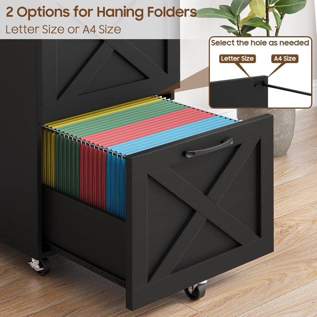 Halitaa 3 Drawer Tall File Cabinet with Wheels, Farmhouse Vertical Filing Cabinet Fits Letter/A4 Size, Rolling File Cabinets Wooden Printer Stand for Home Office, Black