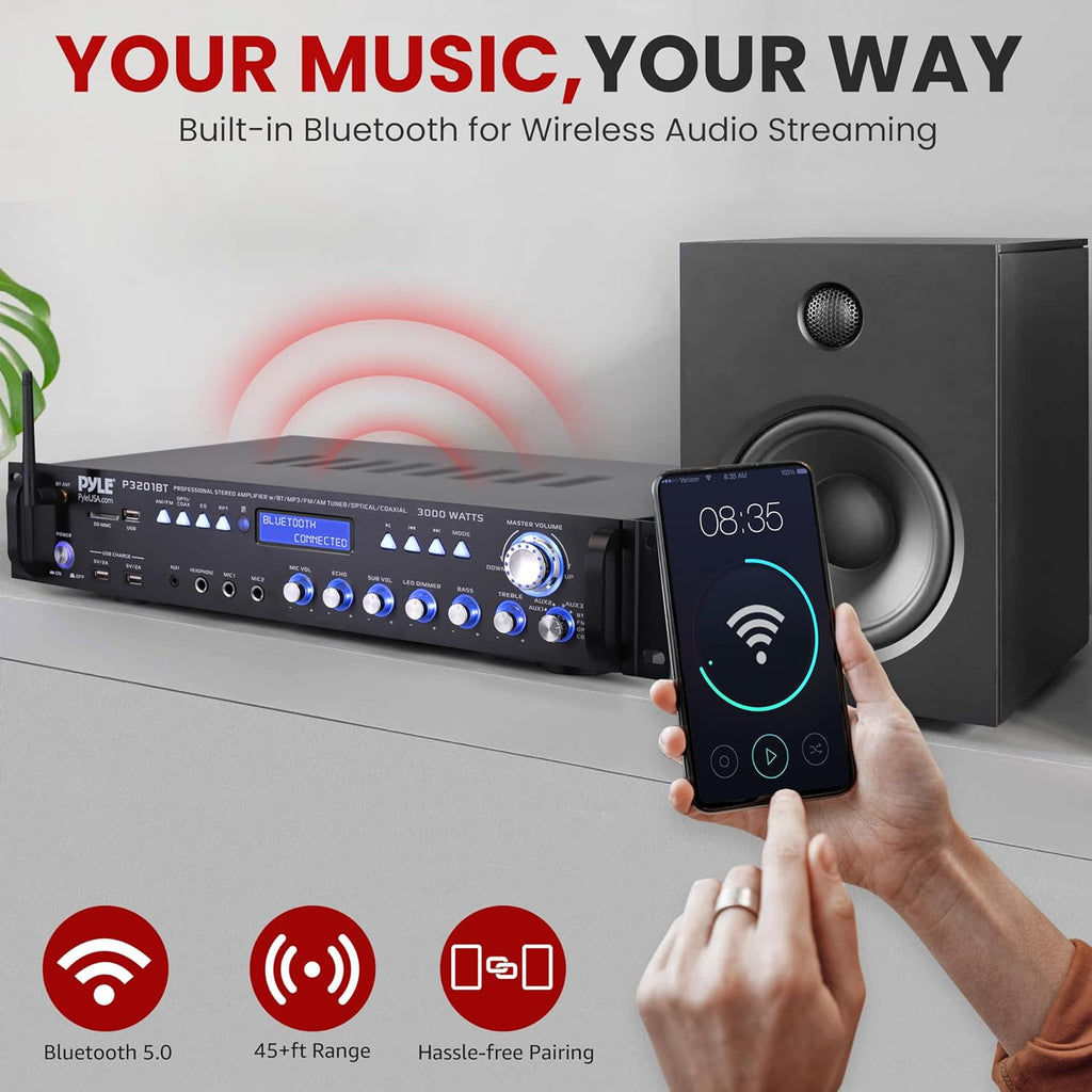Pyle Multi Channel Bluetooth Preamplifier Receiver - 3000 Watt Audio Home Speaker Sound Stereo w/Radio, USB, Headphone, AUX, RCA, Dual Microphone w/Echo, LED, Wireless Streaming - P3201BT