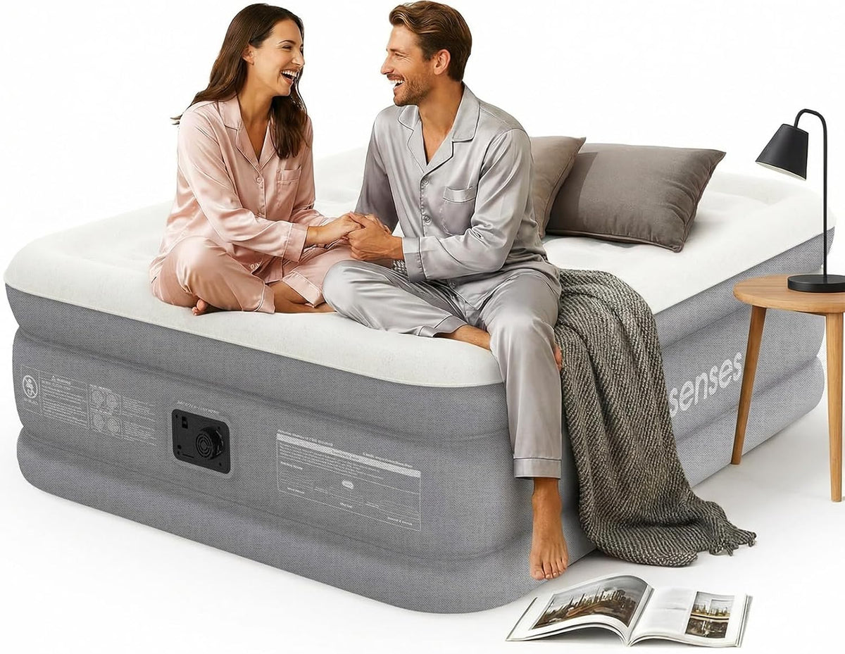 Queen Air Mattress with Built-in Pump 18in, 3-Layer Fabric-Laminated Side Walls Anti-Leak, Honeycomb Coil-Beam Support 800 LBS, 3-Min Inflation Blow up Air Mattress for Home Guests Camping