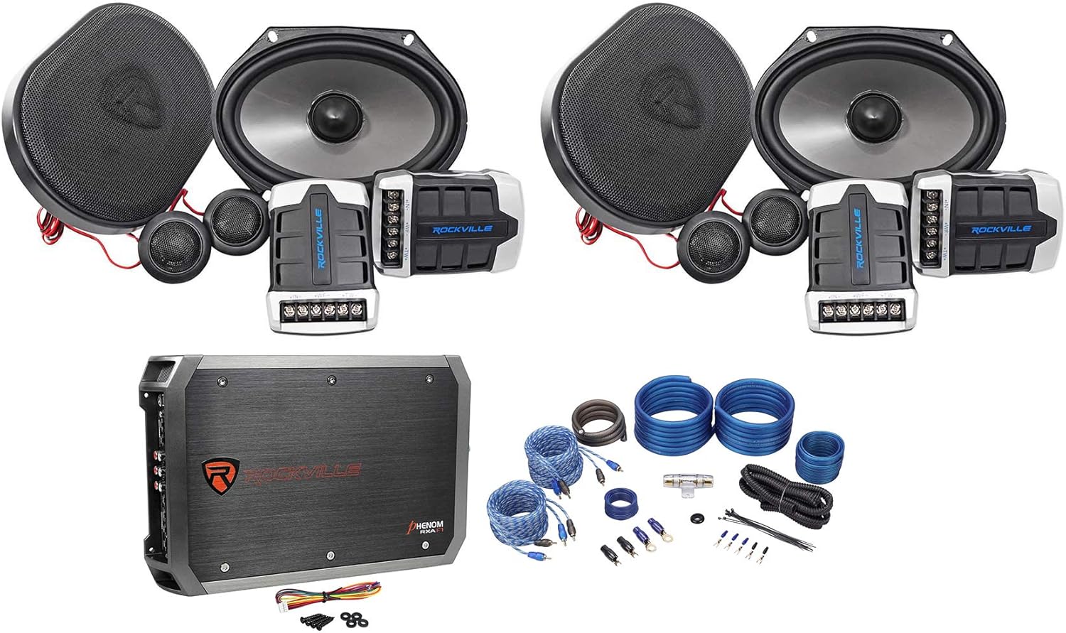 Rockville RV68.2C Bundle: (4) 6x8 / 5x7 Component Car Speakers 1800W Peak/340W RMS, RXA-F1 4-Channel Amplifier, RWK42 4 Gauge Amp Wiring Kit with RCA Cables, for Car Audio Systems, 6-Items