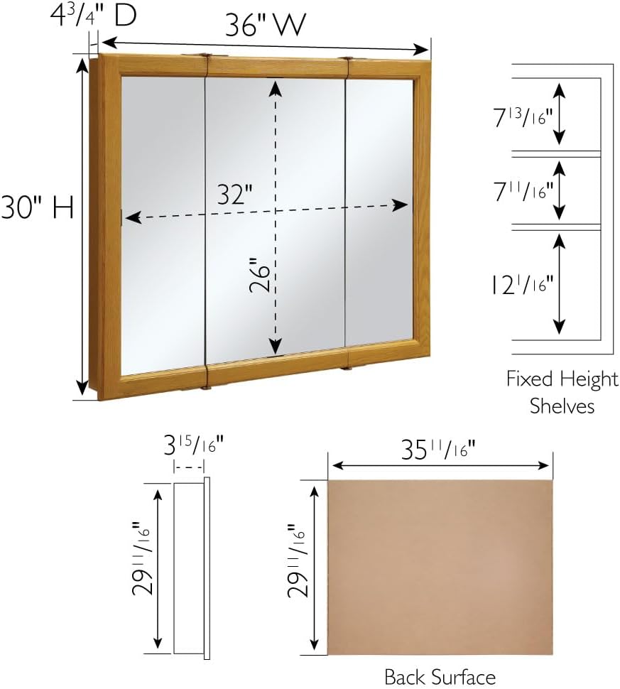 Design House Claremont Bathroom Medicine Cabinet with Mirror, 36 Inch Wall Mounted Cabinet, 3 Mirrored Doors, Honey Oak Wood Frame, Pre-Assembled, 36" W x 4.75" D x 30" H, 545285-HOK