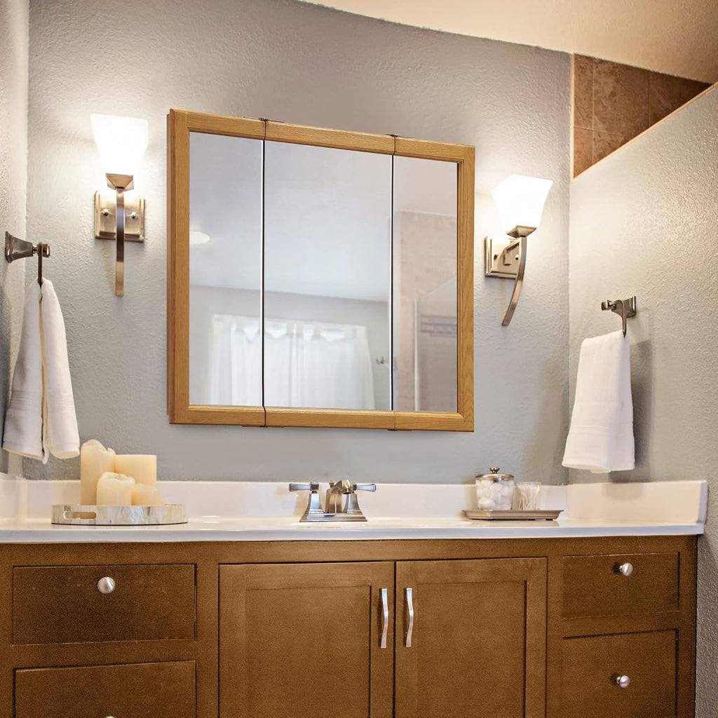 Design House Claremont Bathroom Medicine Cabinet with Mirror, 36 Inch Wall Mounted Cabinet, 3 Mirrored Doors, Honey Oak Wood Frame, Pre-Assembled, 36" W x 4.75" D x 30" H, 545285-HOK
