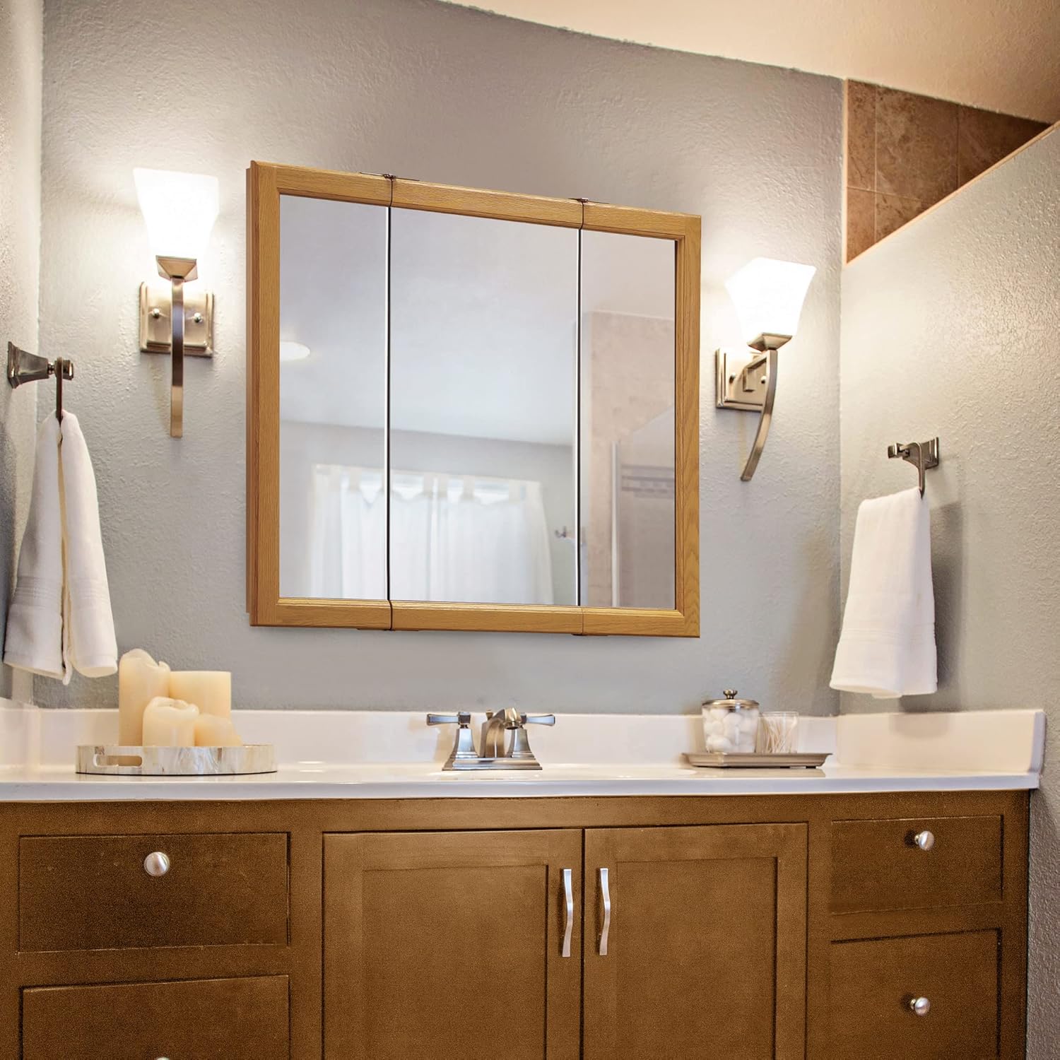 Design House Claremont Bathroom Medicine Cabinet with Mirror, 36 Inch Wall Mounted Cabinet, 3 Mirrored Doors, Honey Oak Wood Frame, Pre-Assembled, 36" W x 4.75" D x 30" H, 545285-HOK