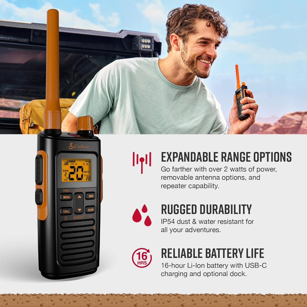 Cobra TrailBlazer 450 GMRS Radio (2-Pack) – IP54 Weather Resistant, 16hr Battery, 2.5W Long Range Walkie Talkies, Large LCD Display, NOAA, Programmable Software, Removable Antenna, Repeater Capable