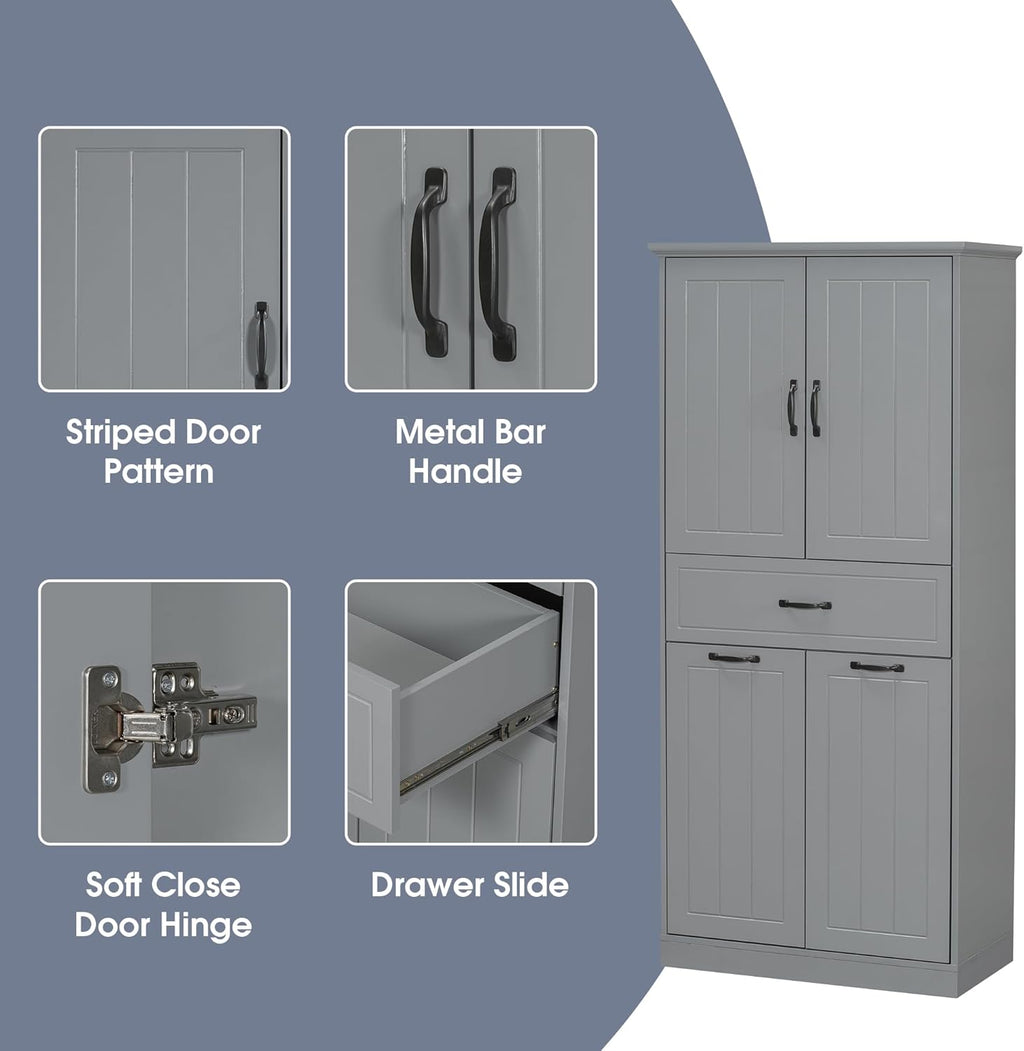 Merax Cabinet with 2 Tilt-Out Laundry Hamper Baskets, Modern Tall Bathroom Storage Organizer Linen with Drawers and Doors for Home, Freestanding, Grey