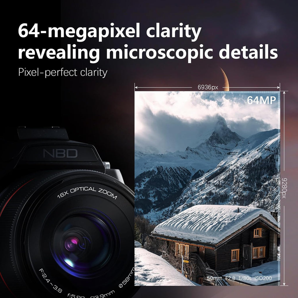 8K & 64MP Digital Camera for Photography, 48X Zoom (16X Optical + 3X Digital) with Moon Mode, 180° Flip Screen, WiFi, Micro HDMI, 64GB Card & 2 Batteries, Vlogging Camera for YouTub