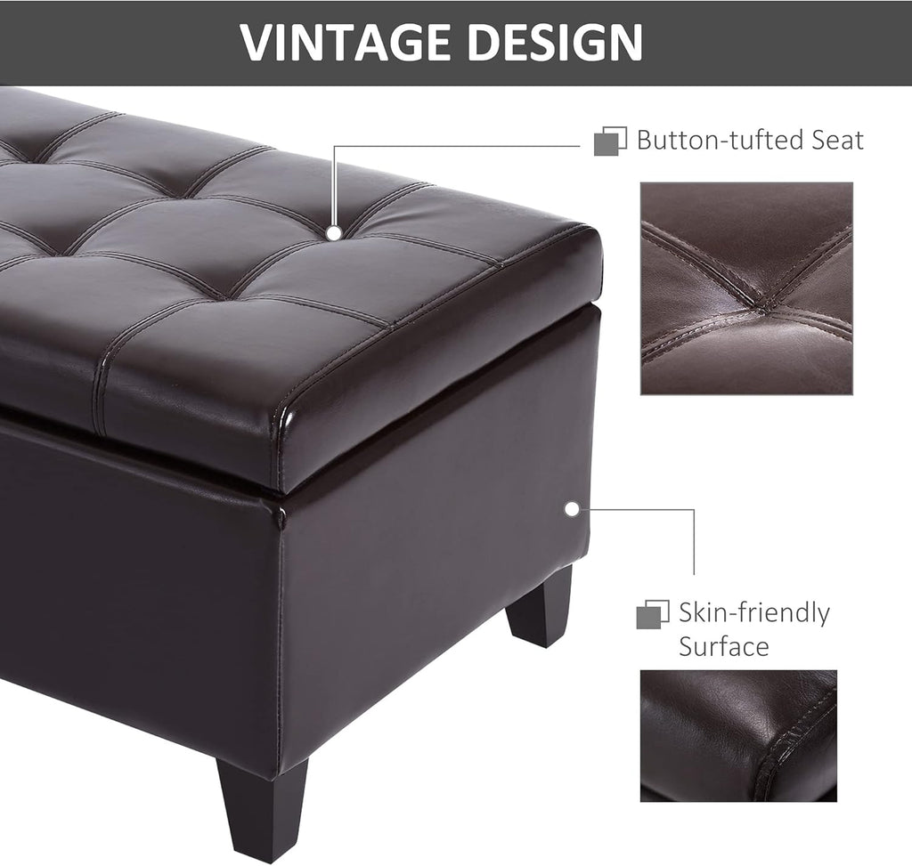 HOMCOM 51" Ottoman Storage Bench, Faux Leather Storage Chest with Lift Top, Tufted Ottoman for Living Room, Entryway, Dark Brown