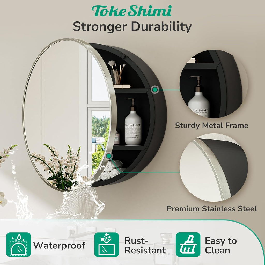 TokeShimi 24 x 24 Round Medicine Cabinet for Bathroom, Brushed Nickel Circle Medicine Cabinet Mirror Shatterproof with Stainless Steel Metal Frame, Detachable Shelves, Wall Mounted Only