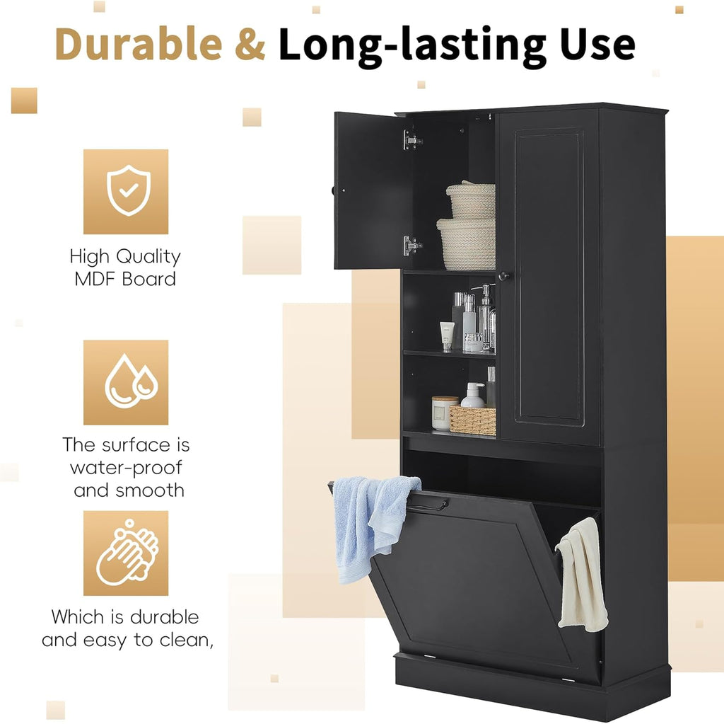 Virubi Tall Laundry Cabinet with Tilt Out Hamper, Doors, and Adjustable Shelves,Wood Laundry Room Cabinets,for Bathroom Storage Organization, Freestanding (Black)