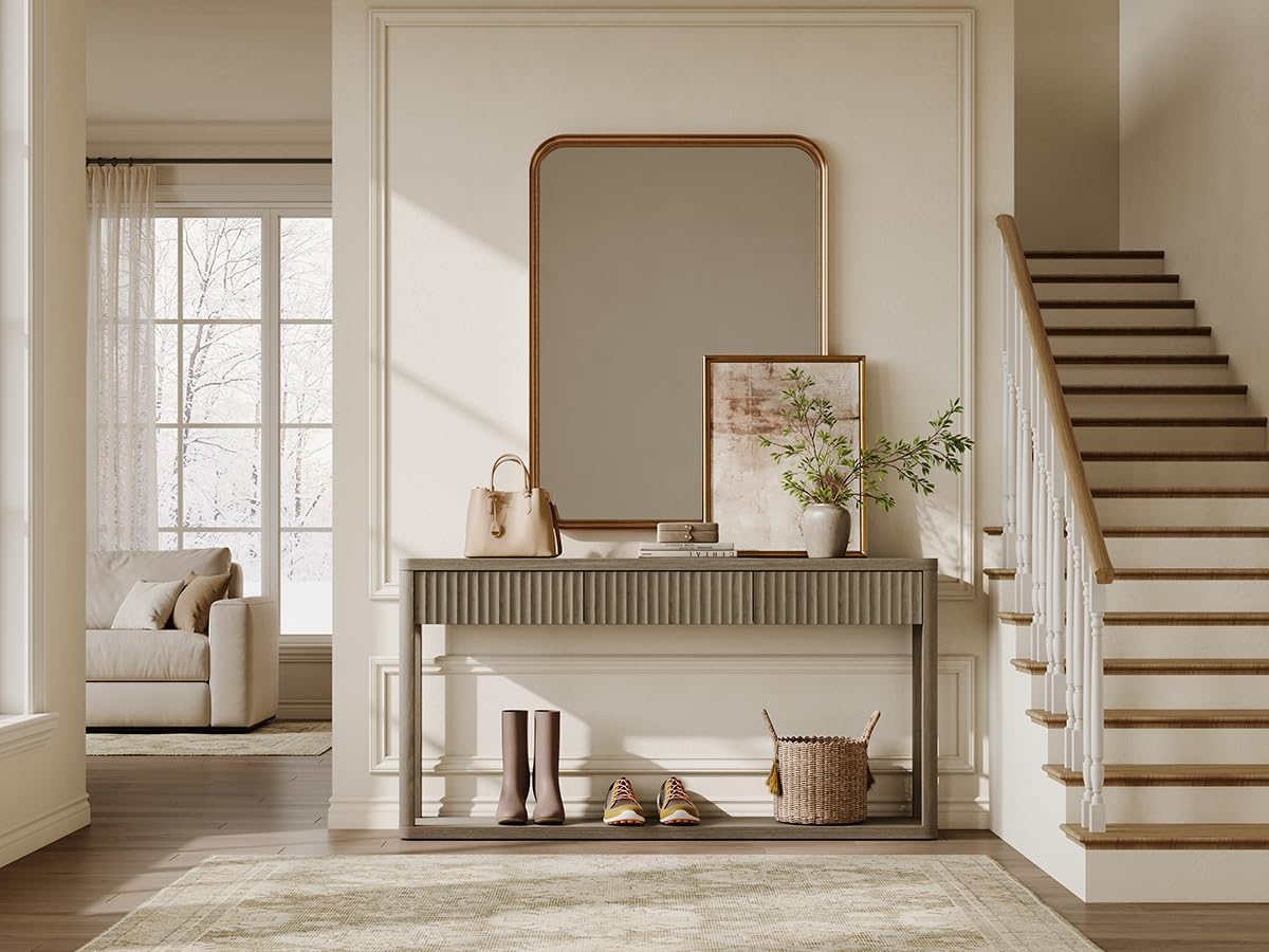 SICOTAS Entryway Table with Storage, 60.74" W Console Table with 3 Fluted Drawers and Shelf, Modern Narrow Long Accent Sofa Table Behind The Couch for Hallway, Entrance, Living Room, Foyer, Grey Alder