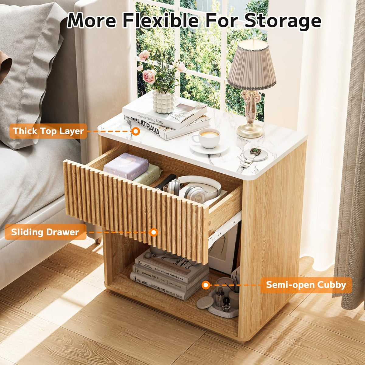 Modern Fluted Nightstand Set of 2 for Bedroom, Mid Century Bedside Table Set with Marble Top & Drawer, Wood End Table, 2 Farmhouse Night Stands for Guest Room, Hallway, Oak