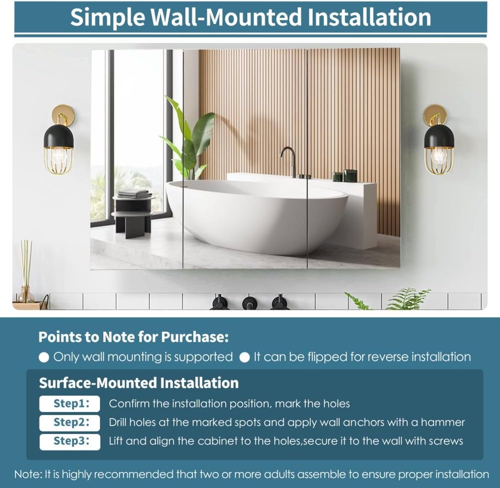 Movo 40 Inch x 28 Inch Black Bathroom Mirror Medicine Cabinet, Frameless Large Wall Mount Medicine Cabinet with 3 Doors,Rmovable Shelves