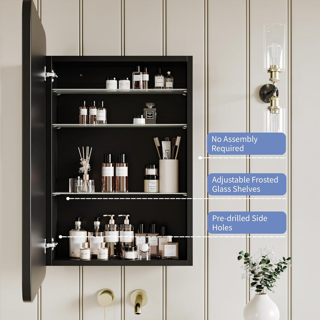 AGDULL Vintage-Style Bathroom Medicine Cabinet, Surface Mount or Recessed, Wood Wall Cabinet with Black Metal Frame Curved Mirror, Overall 20" W x 30" H