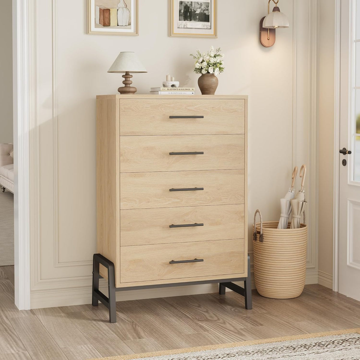 Garvee 5 Dresser for Bedroom, 50.5 in Tall Drawer with Large Storage Space, Freestanding Wooden Closet Storage Dresser Chest for Living Room, Bedroom, Entryway, Natural Oak