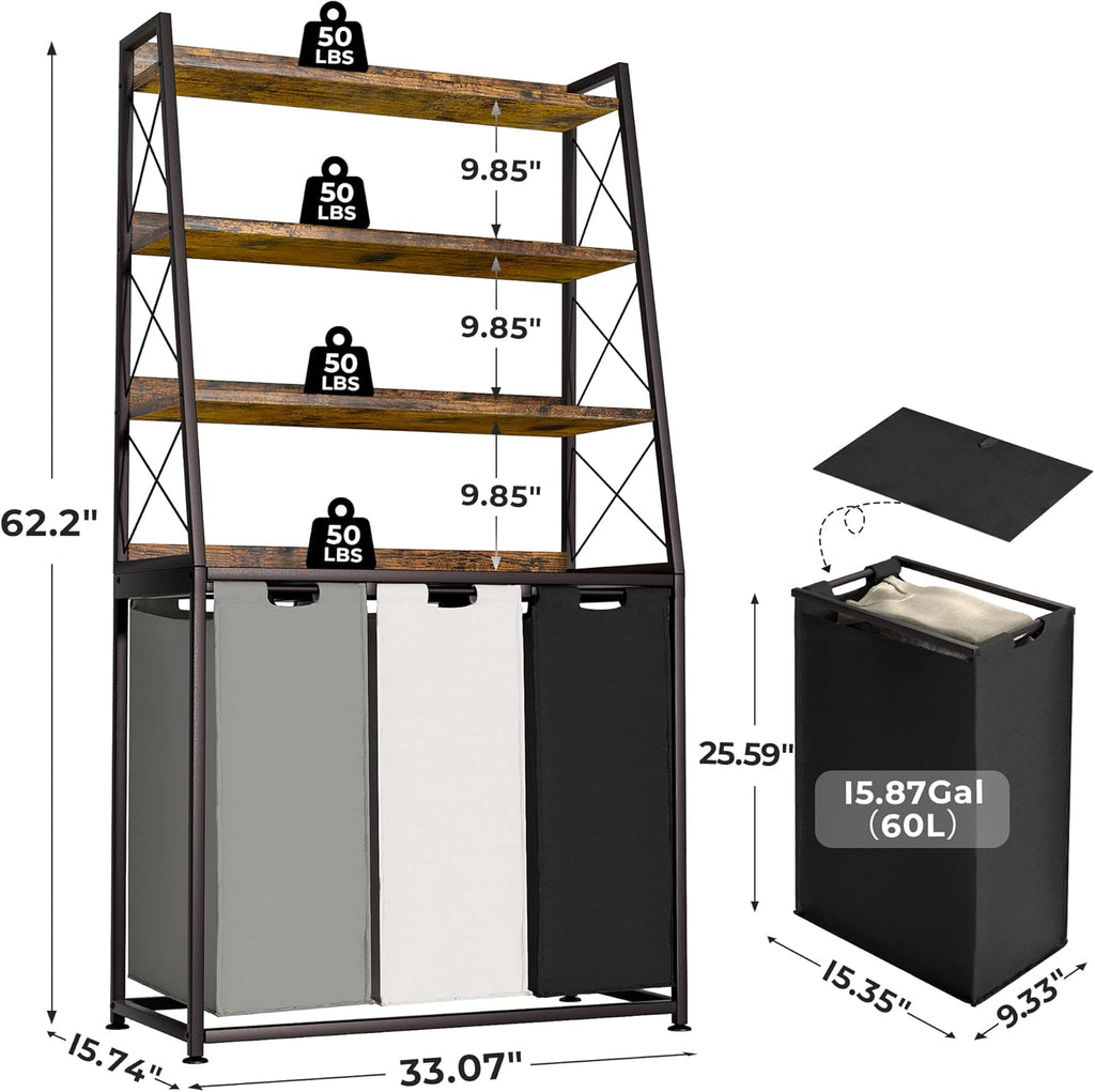 Herture Laundry Basket, 3 Section Laundry Hamper with 4 Tiers Shelf, Pull-Out and Removable Laundry Bags, Large 3 x 15.87 Gallons, for Laundry Room Bathroom Rustic Brown PF05XLN