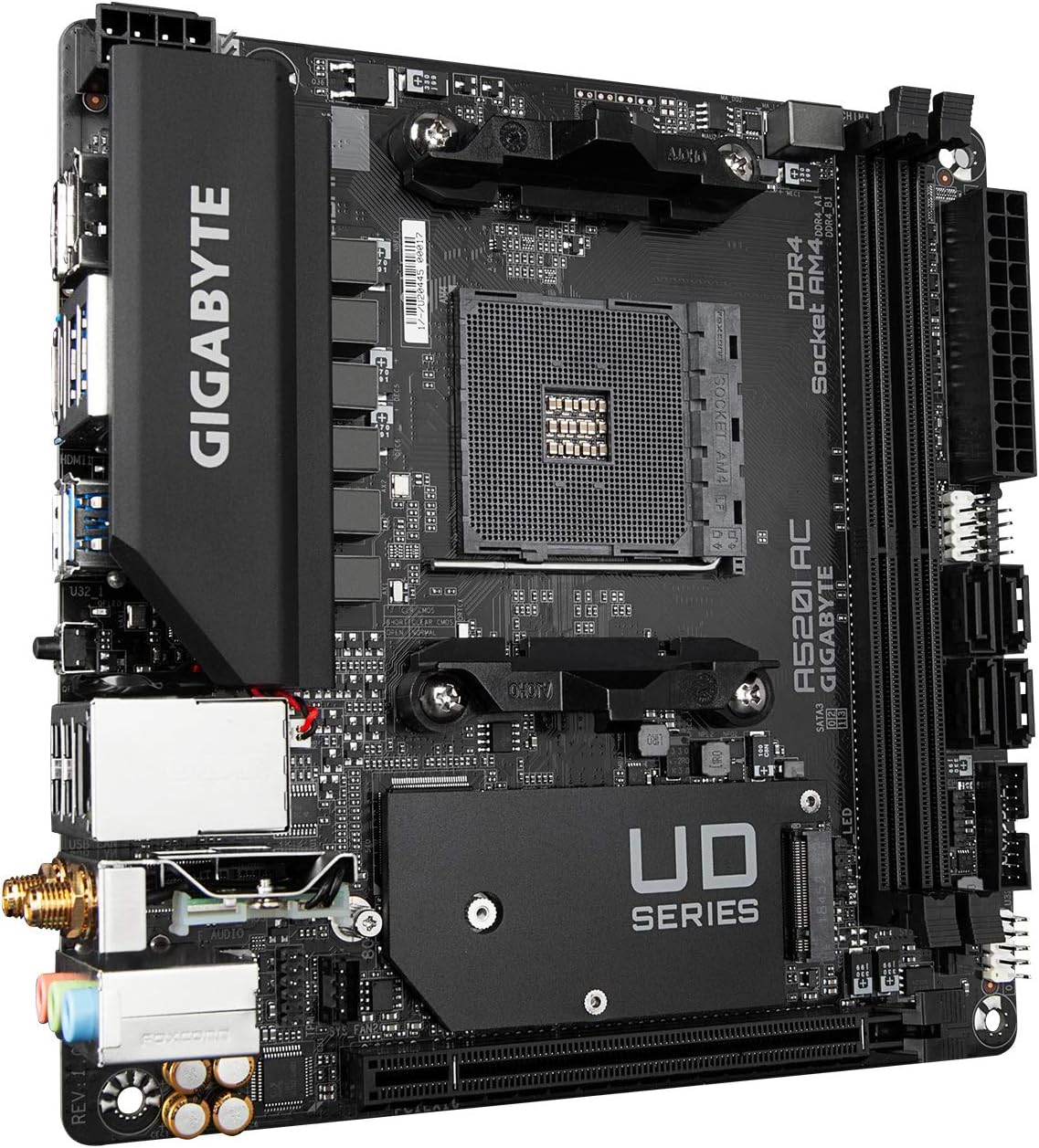 Gigabyte A520I AC (AMD Ryzen AM4/Mini-ITX/Direct 6 Phases Digital PWM with 55A DrMOS/Gaming GbE LAN/Intel WiFi+Bluetooth/NVMe PCIe 3.0 x4 M.2/3 Display Interfaces/Q-Flash Plus/Motherboard)