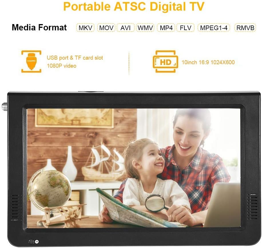 10 inch Portable TV ATSC Digital Television 16:9 TFT LED 1080P HDMI Video Player with USB/TF Card Slot Built in Rechargeable Battery for Home Car Outdoor Travel (01)