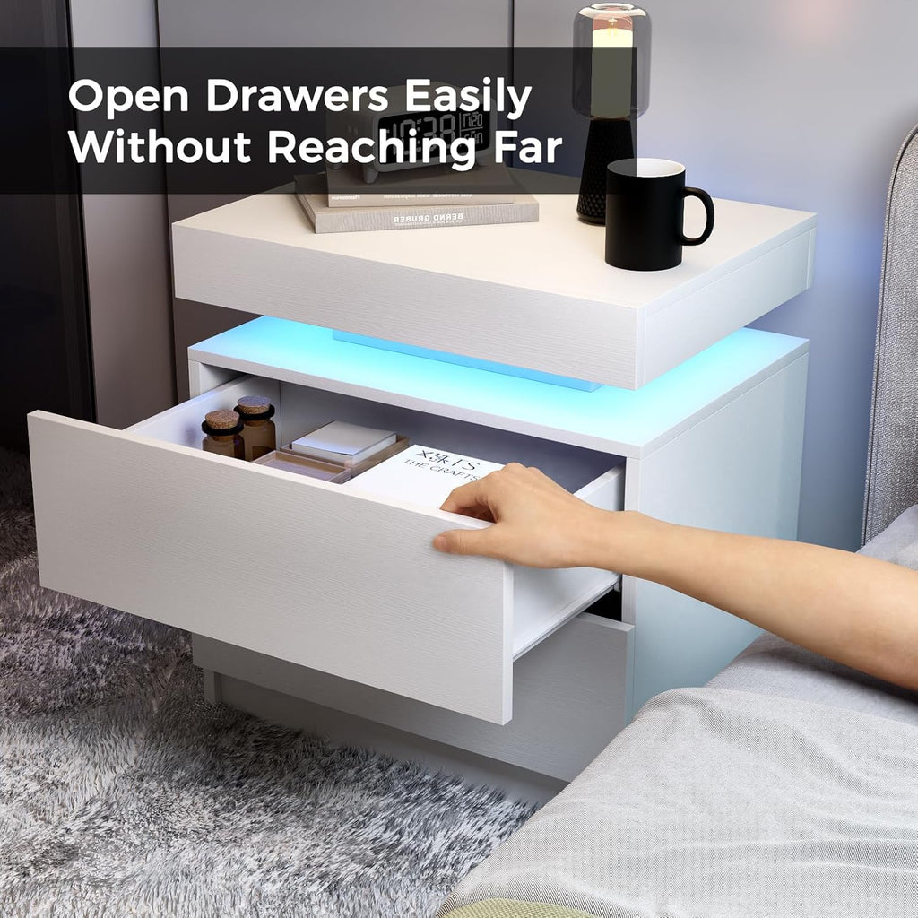 LED Nightstands Set of 2, Modern White Night Stand End Tables with APP & Remote Control LED Lighting, 2 Drawers, Open Shelf Storage, Bedside Tables for Bedroom and Living Room