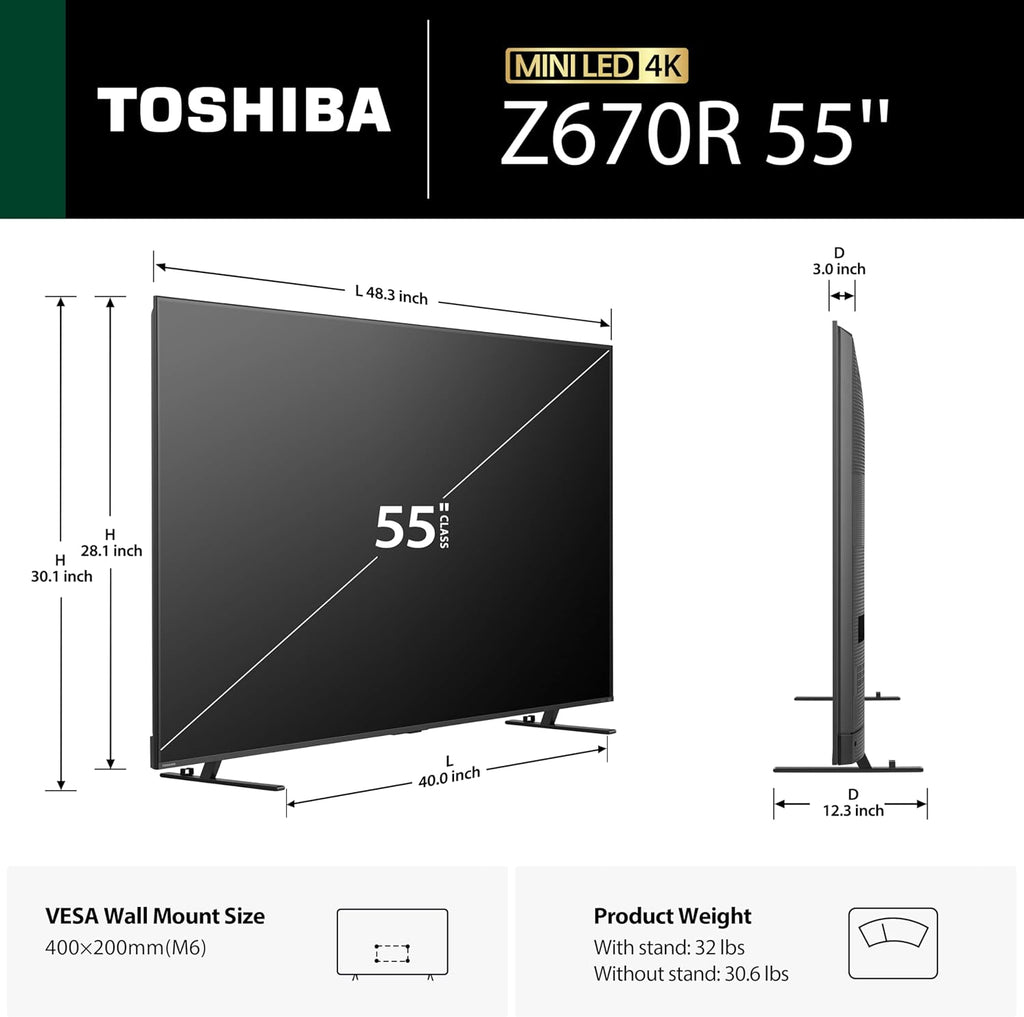 Toshiba 55" Z670R Series Mini-LED 4K UHD Smart Fire TV (55Z670R, 2026 New) - QLED, Native 144Hz, HDR10+, Dolby Vision IQ, REGZA Engine Zri, Dolby Atmos, Game Mode Pro, Alexa Built-in, Japan Quality