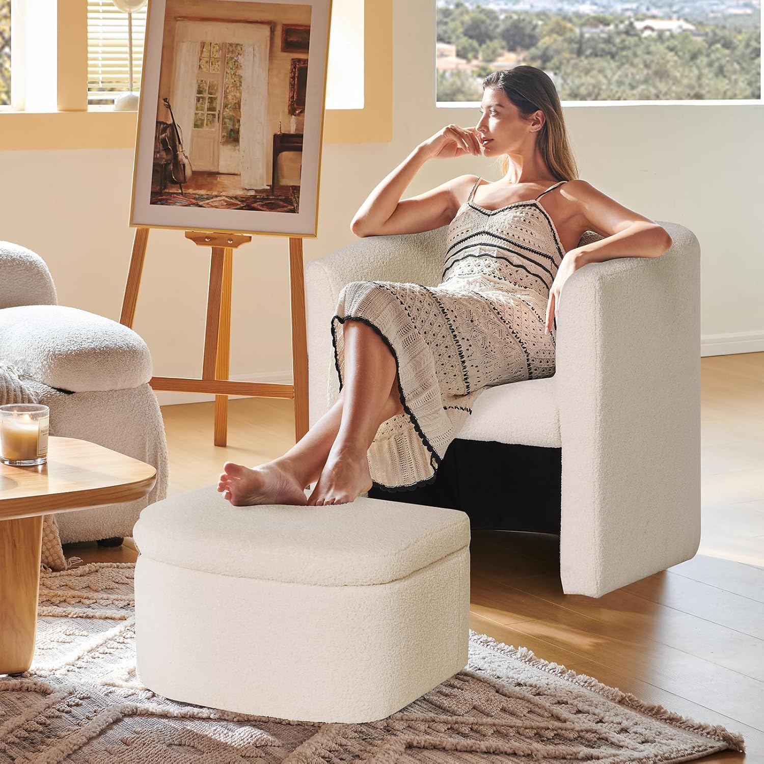 COLAMY Upholstered Sherpa Barrel Accent Chair with Storage Ottoman, Morden Living Room Side Chair, Single Sofa Armchair with Lounge Seat for Bedroom/Office/Reading Spaces, Cream