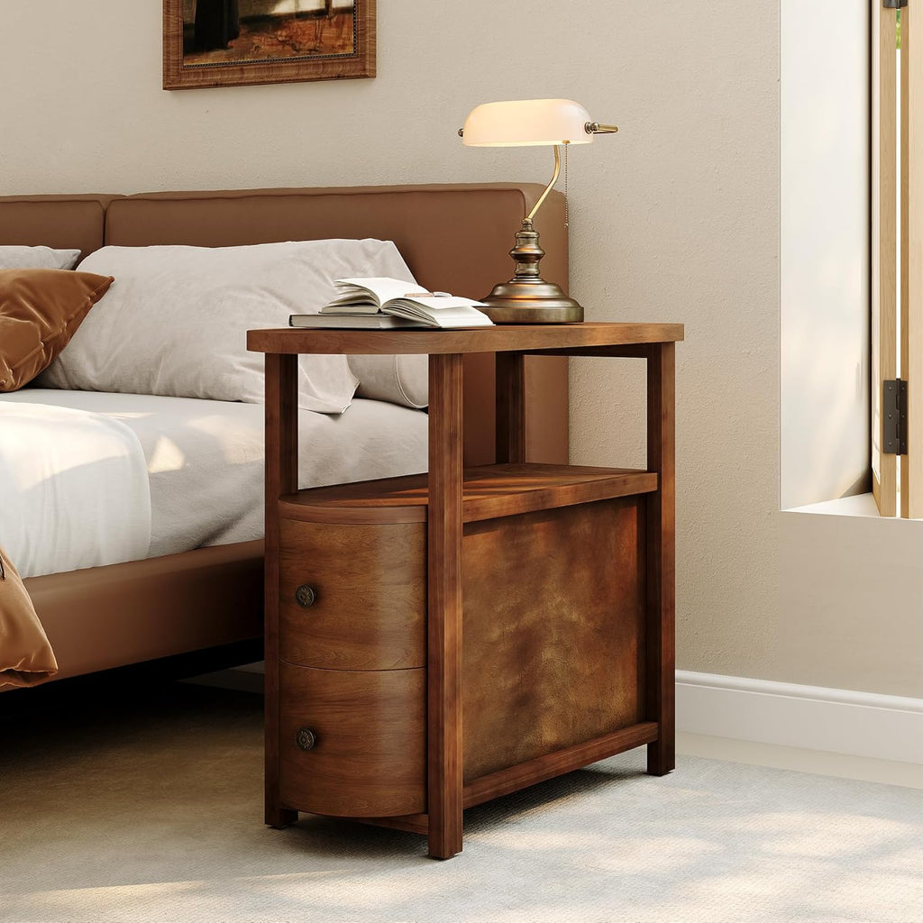 LITTLE TREE Solid Wood End Table with 2 Drawers & Open Shelf, No Assembly Required Side Table for Living Room, Vintage Brown Couch Side Tables, Slim Bedside Table Nightstand for Bedroom