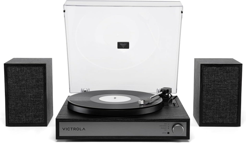 Victrola Harmony – Bluetooth Turntable System– 3-Speed Vinyl Record Player, Stereo Bookshelf Speakers, Mid-Century Modern Design, Audio Technica ATN3600L, Bluetooth Input and Output (Black)