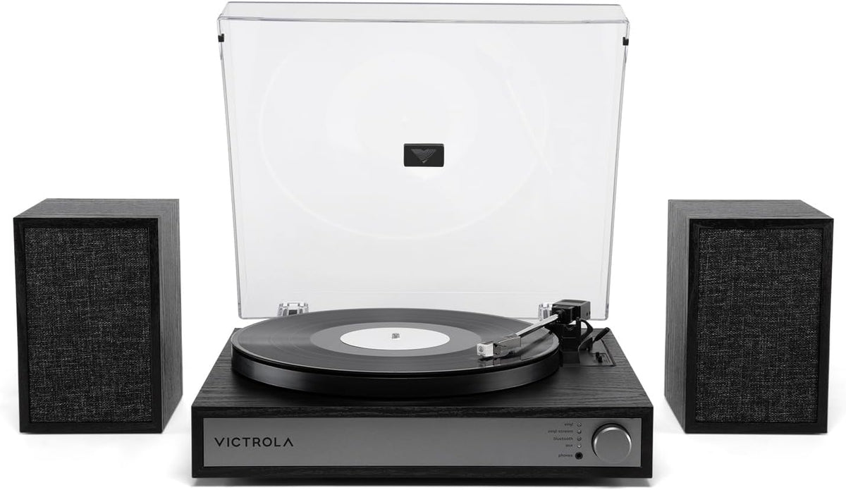 Victrola Harmony – Bluetooth Turntable System– 3-Speed Vinyl Record Player, Stereo Bookshelf Speakers, Mid-Century Modern Design, Audio Technica ATN3600L, Bluetooth Input and Output (Black)