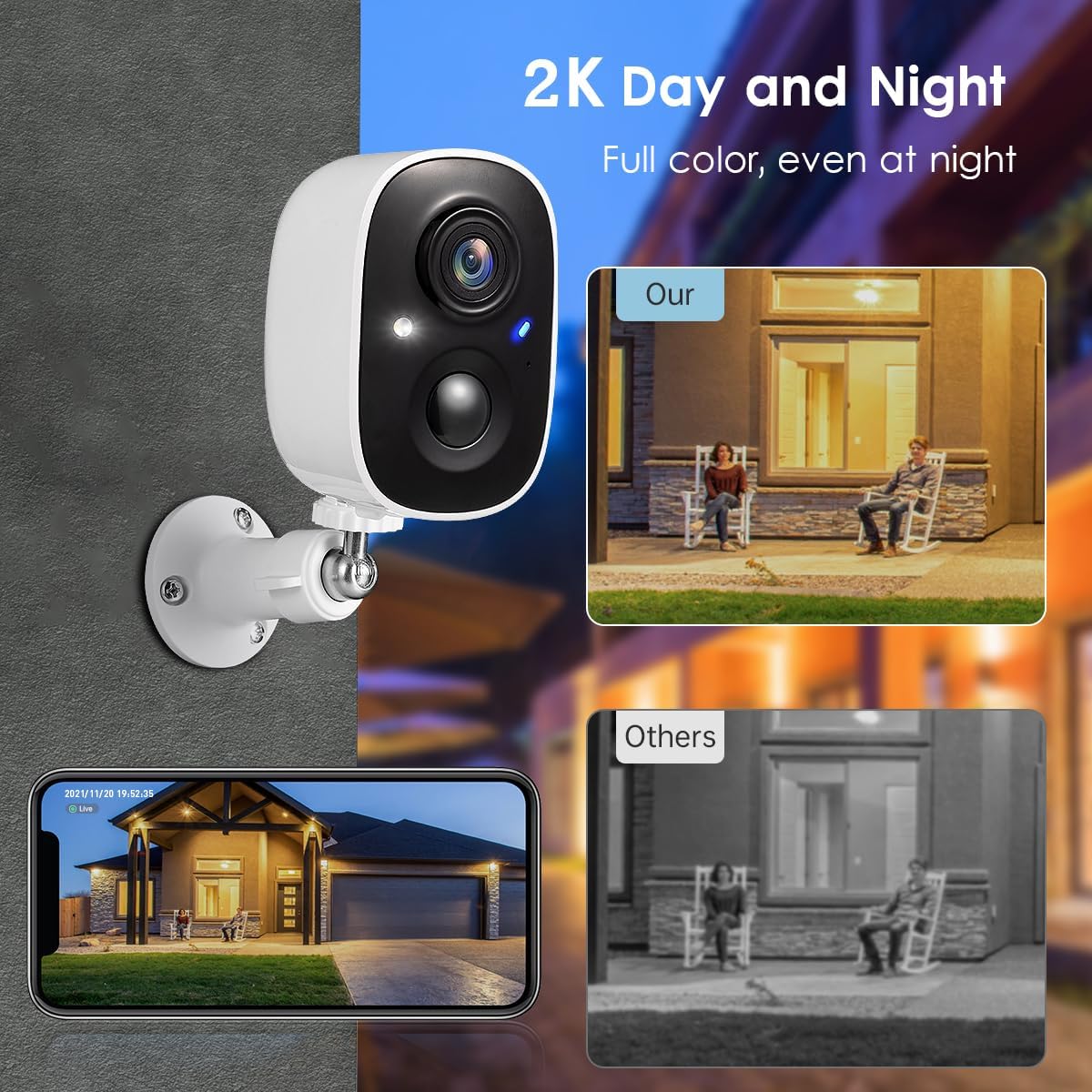 GMK Security Cameras Wireless Outdoor 4 Pack, 2K Battery Powered Cameras for Home Security, Color Night Vision, Motion Detection, 2-Way Talk, IP65 Waterproof, Remote Access, Cloud/SD Storage