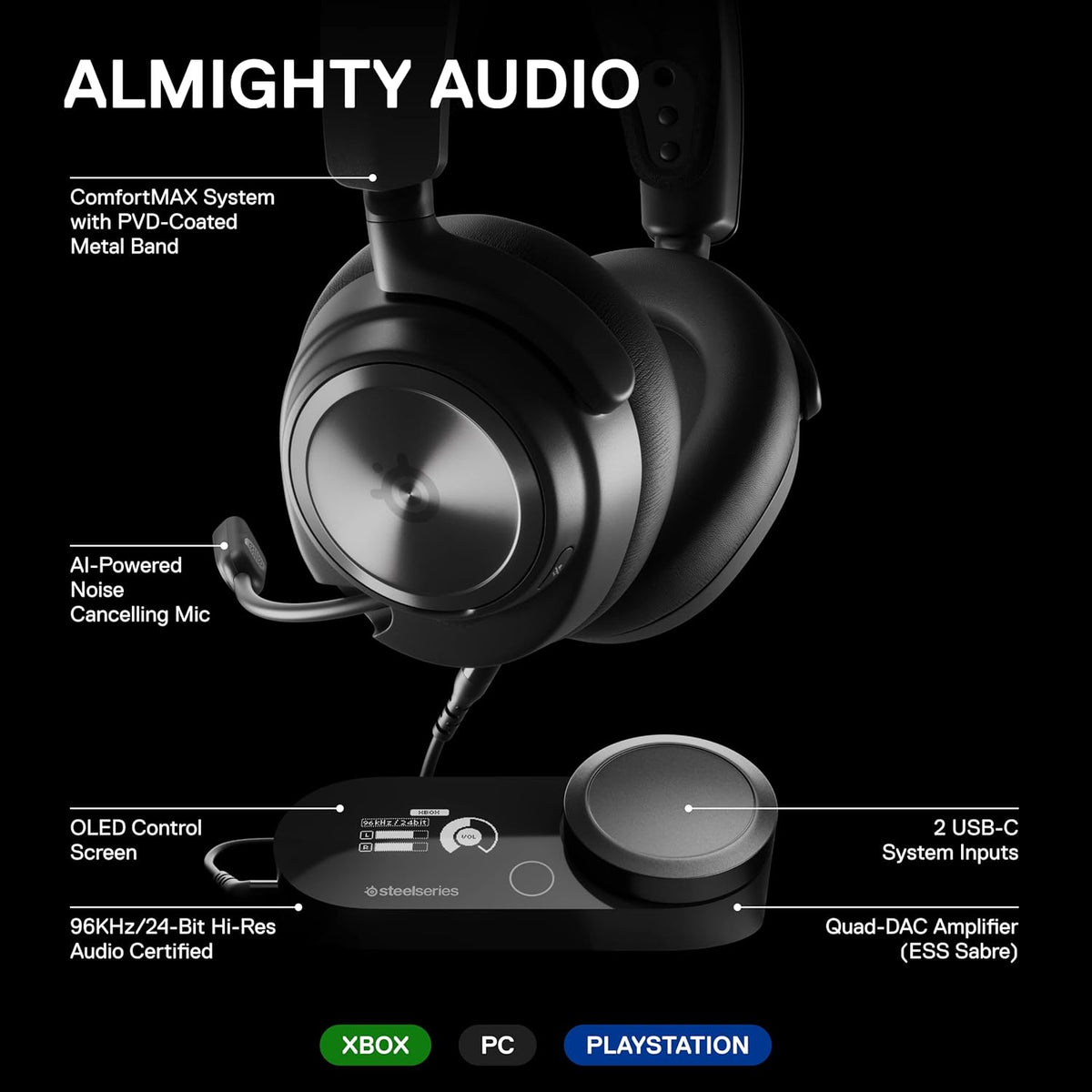 SteelSeries Arctis Nova Pro Multi-System Gaming Headset - Premium Drivers - Hi-Res Spatial Audio - GameDAC Gen 2 - ESS Quad-DAC - ClearCast Mic - PC, PS5, PS4, Switch (Renewed)