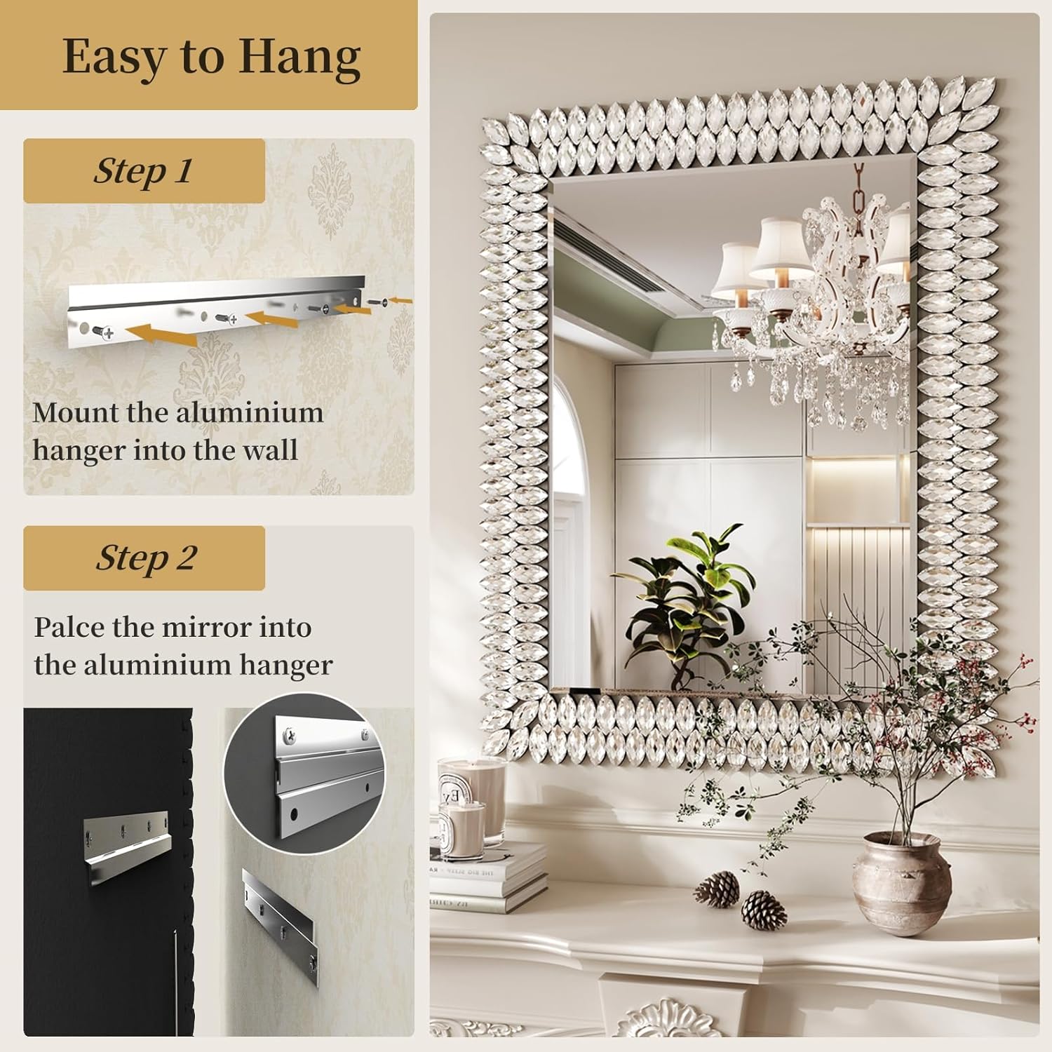 Kelly Miller 30"x40" Jeweled Bathroom Wall Mirror, Large Rectangle Decorative Mirror Luxury Vanity Mirror with Diamonds for Master Bath Half Bath Living Room Bedroom Fireplace Mantle Entryway