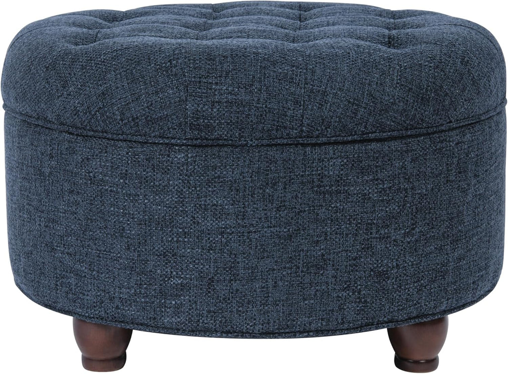 Homepop Home Decor | Large Button Tufted Woven Round Storage Ottoman for Living Room & Bedroom (Navy Woven) 25 inch D x 25 inch W x 15 inch H