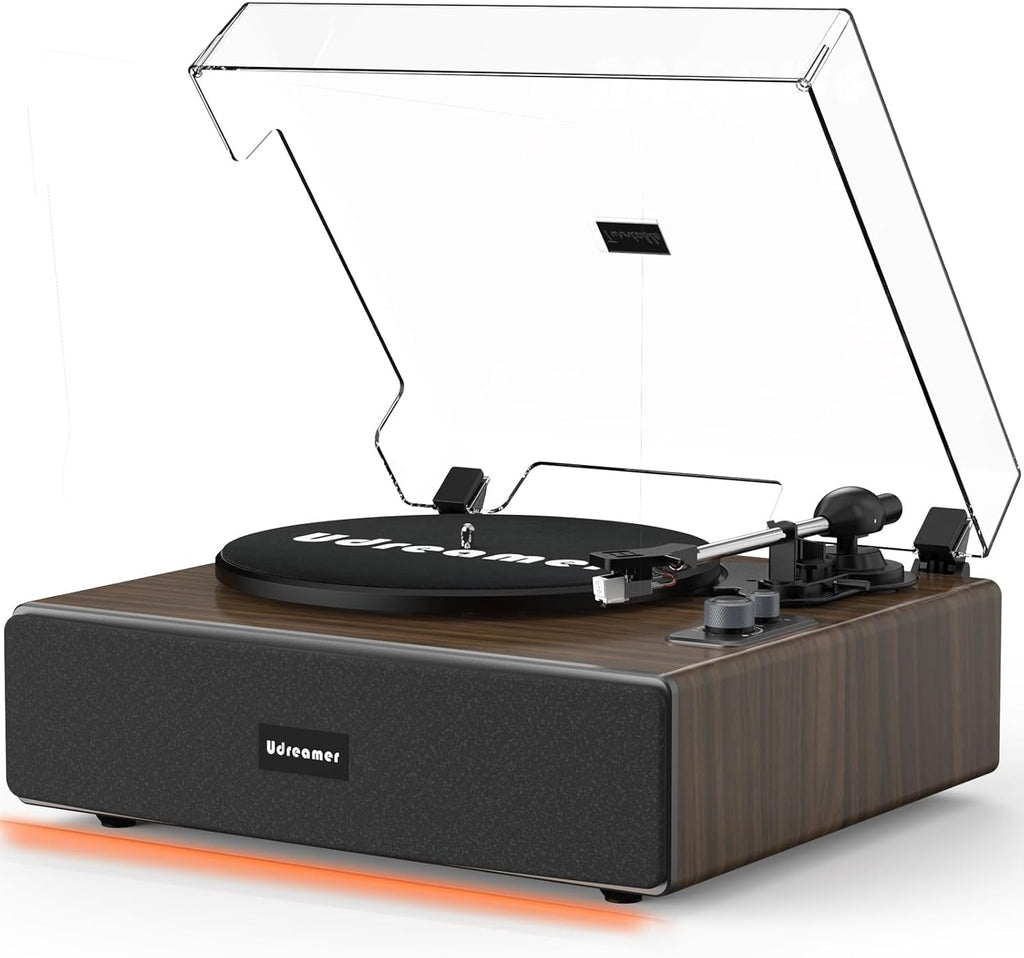Udreamer Vinyl Record Player with Bluetooth Input, All-in-One Turntable with Built-in Speakers, AT-3600L Cartridge, Belt Drive 33/45 RPM, Auto Stop, Adjustable Lighting