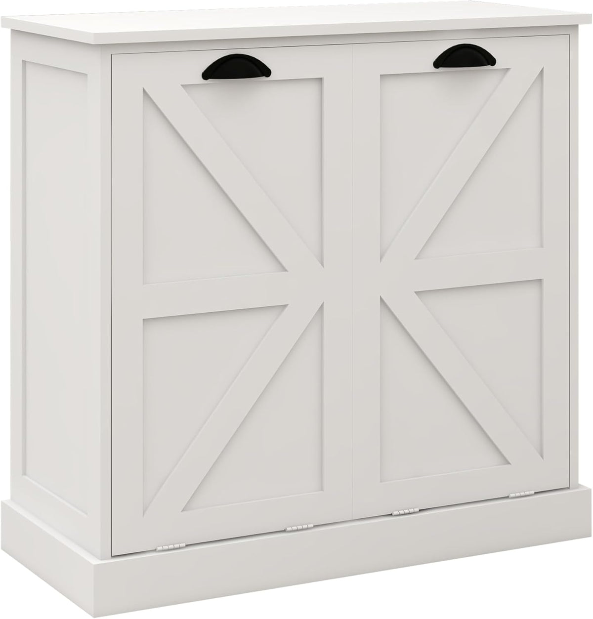 Modern Farmhouse Barn Door Double Compartment Slanted Laundry Organizer,Freestanding Hidden Laundry Cabinet with 2 Removable Liner Pockets for Bathroom(White-03)