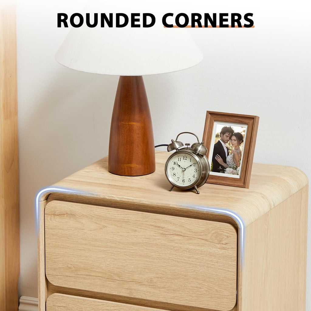 Small Night Stand Set of 2, Mid Century Modern Nightstands with 2 Drawers and Solid Wood Legs, 2 Drawer Dresser Curved Profile Design End Table Side Table for Small Space, Dorm, Bedroom(Natural)