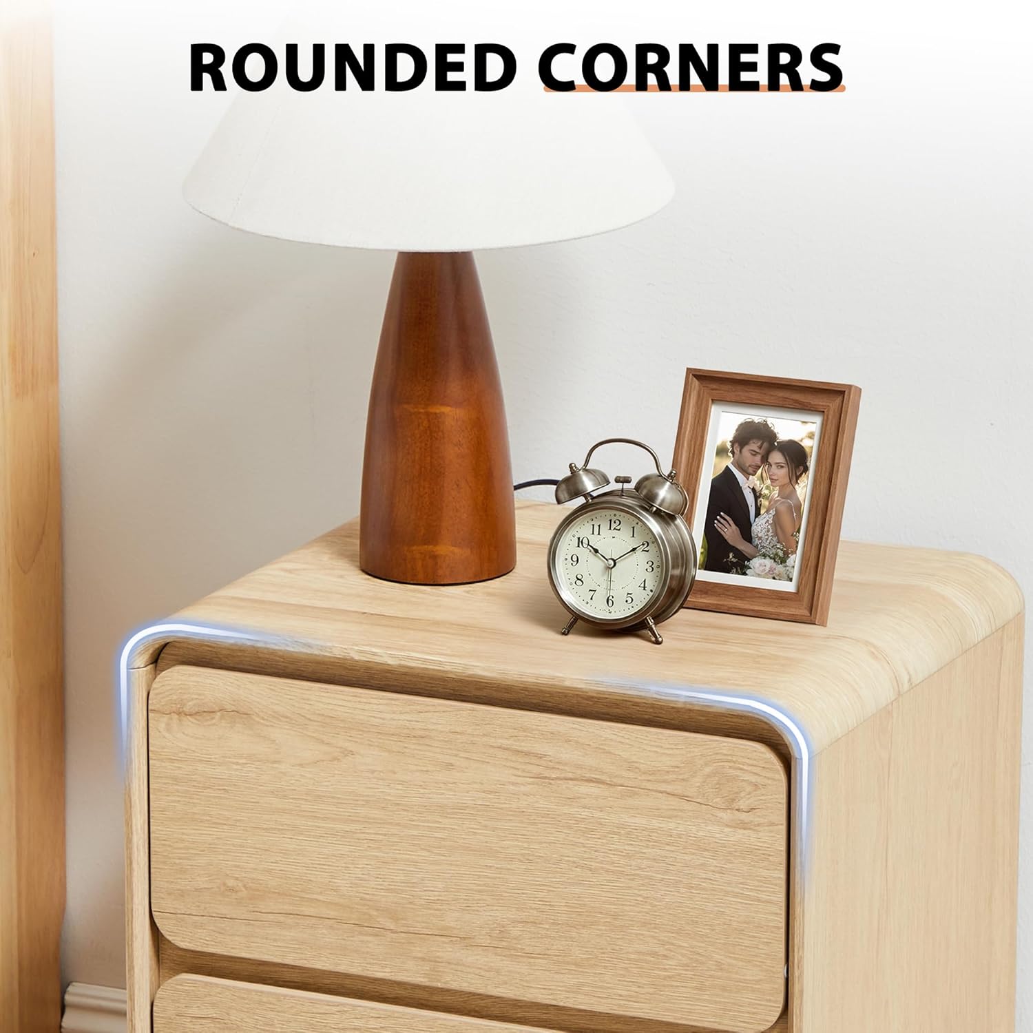 Small Night Stand Set of 2, Mid Century Modern Nightstands with 2 Drawers and Solid Wood Legs, 2 Drawer Dresser Curved Profile Design End Table Side Table for Small Space, Dorm, Bedroom(Natural)