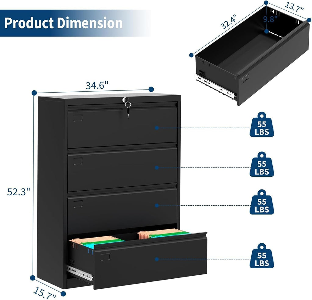 4-Drawer Metal File Cabinet with Lock, Lateral Filing Cabinet for Letter/Legal/A4 Size Documents, Heavy Duty Lockable File Storage Cabinet for Home Office