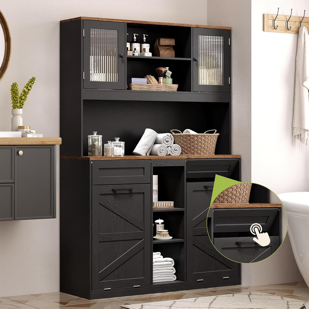 Tall Tilt-Out Double Laundry Hamper Cabinet with 2x11-Gallon Laundry Basket, Trash Bin Cabinet with Fluted Glass Doors, Farmhouse Wooden Bathroom Storage with Push Doors, Black and Walnut