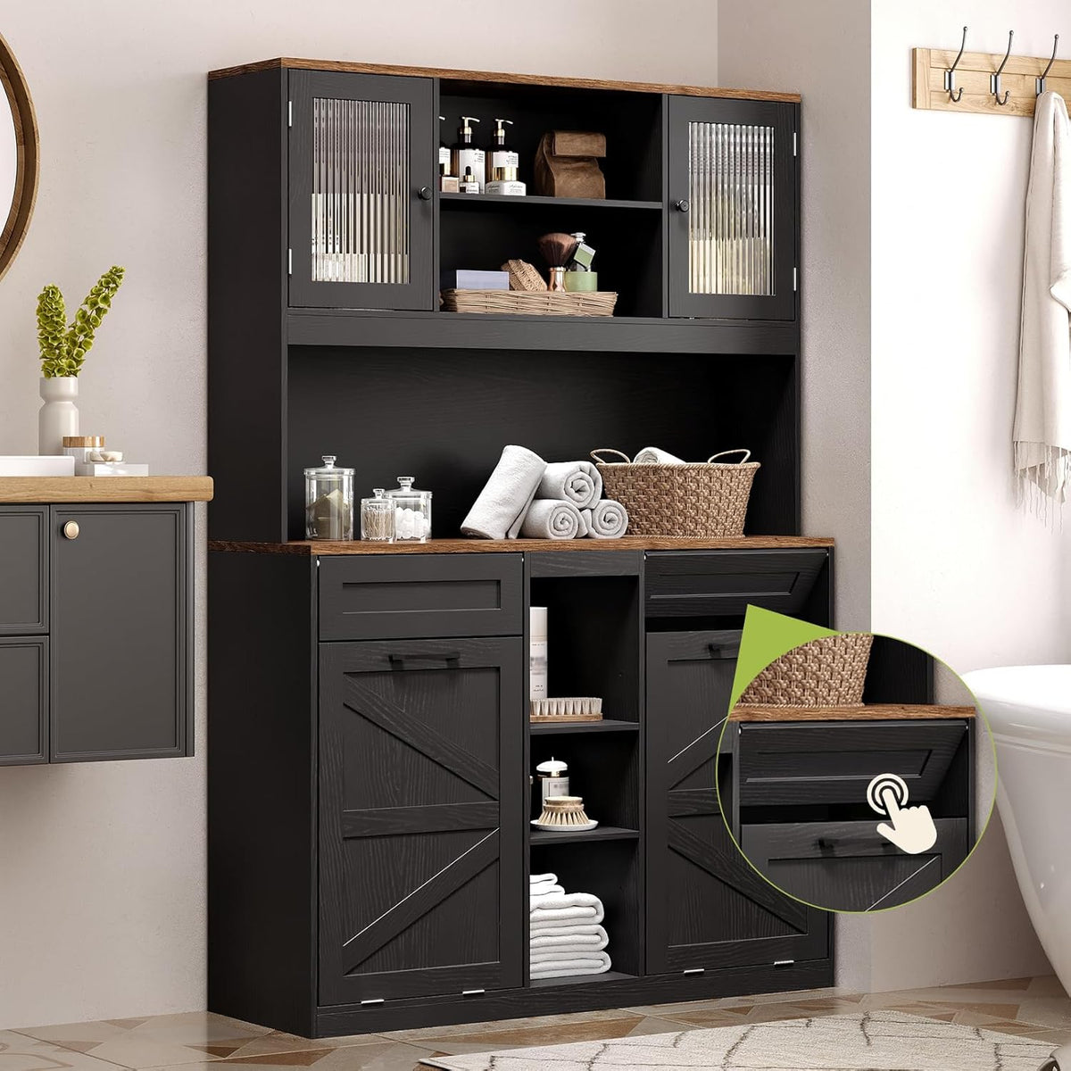 Tall Tilt-Out Double Laundry Hamper Cabinet with 2x11-Gallon Laundry Basket, Trash Bin Cabinet with Fluted Glass Doors, Farmhouse Wooden Bathroom Storage with Push Doors, Black and Walnut