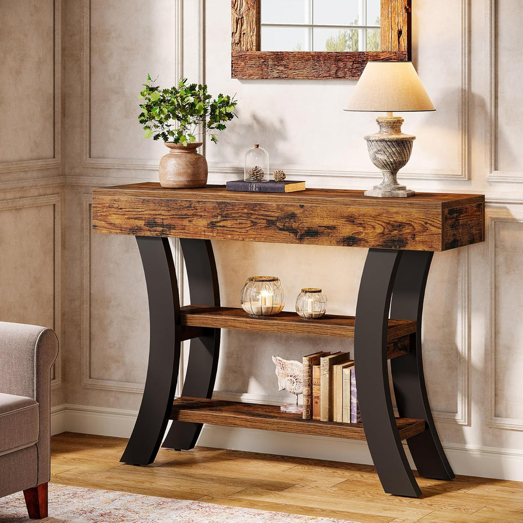 Tribesigns 41" Small Console Table for Entryway, 3-Tier Narrow Rustic Sofa Table with Storage Shelves and Curved Frame for Living Room, Entry, Hallway, Foyer, Rustic Brown