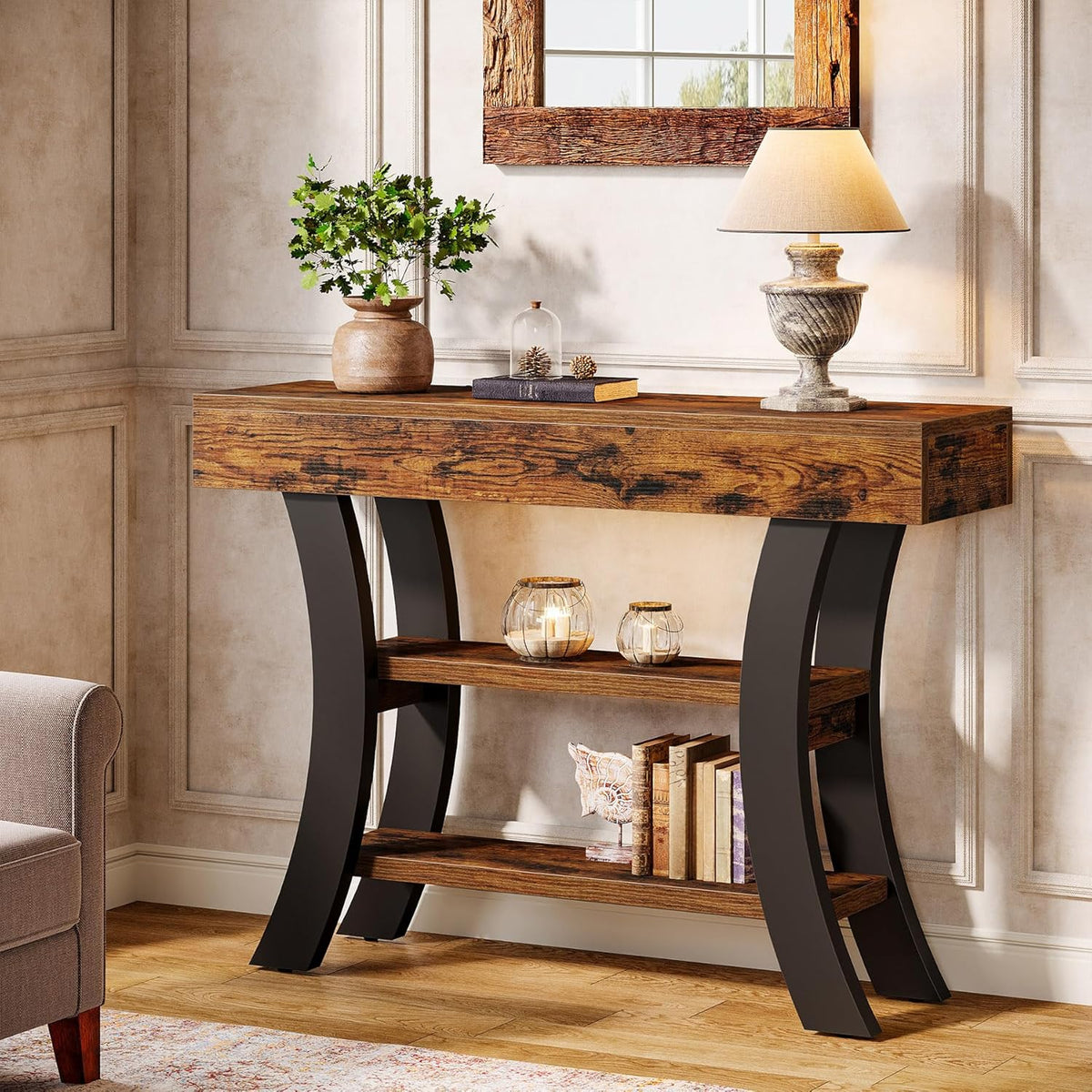 Tribesigns 41" Small Console Table for Entryway, 3-Tier Narrow Rustic Sofa Table with Storage Shelves and Curved Frame for Living Room, Entry, Hallway, Foyer, Rustic Brown