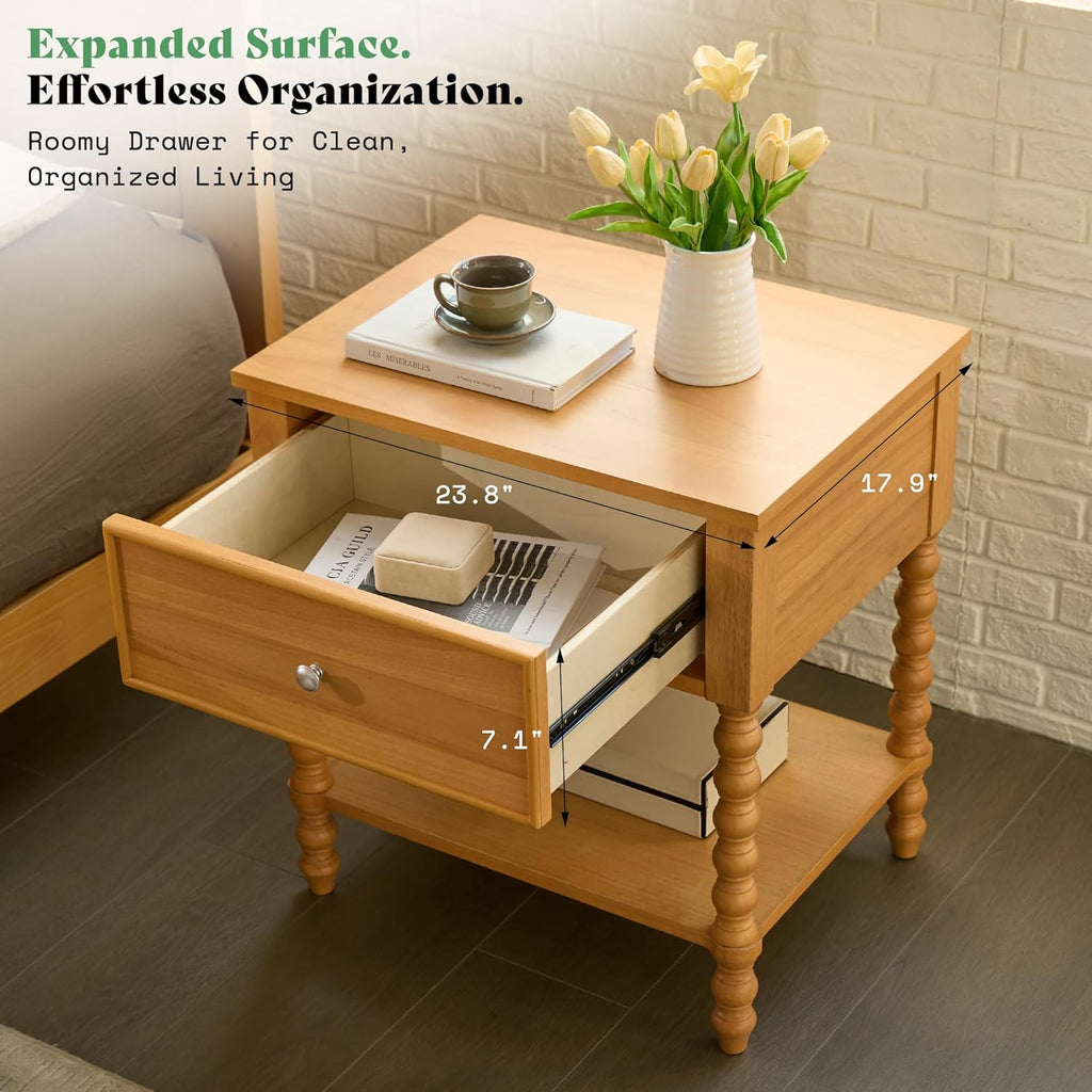 AMERLIFE 24" Wood Nightstand Set of 2, Vintage Bedside Table for Bedroom, Solid Wood Night Stand with Turned Legs, End Table with Drawer & Open Shelf, Natural Finish