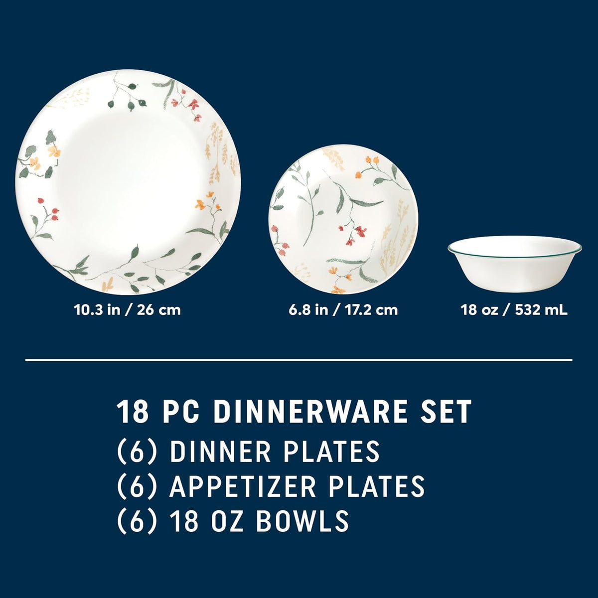 Corelle Vitrelle 18 Piece Glass Dinnerware Sets Service for 6, Triple Layer Chip & Crack Resistant Glass Plate and Bowl Sets, Wildflower
