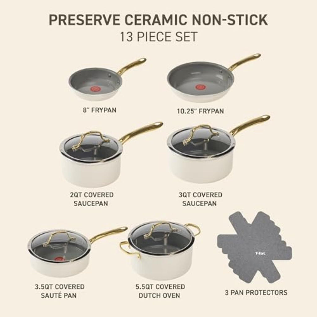 T-fal Preserve Ceramic, Non stick Cookware Set 13-Piece, Oven & Broiler Safe up to 350°F, Includes Stockpot, Saucepans, Frying Pans, Protectors, Pots and Pans, Beige
