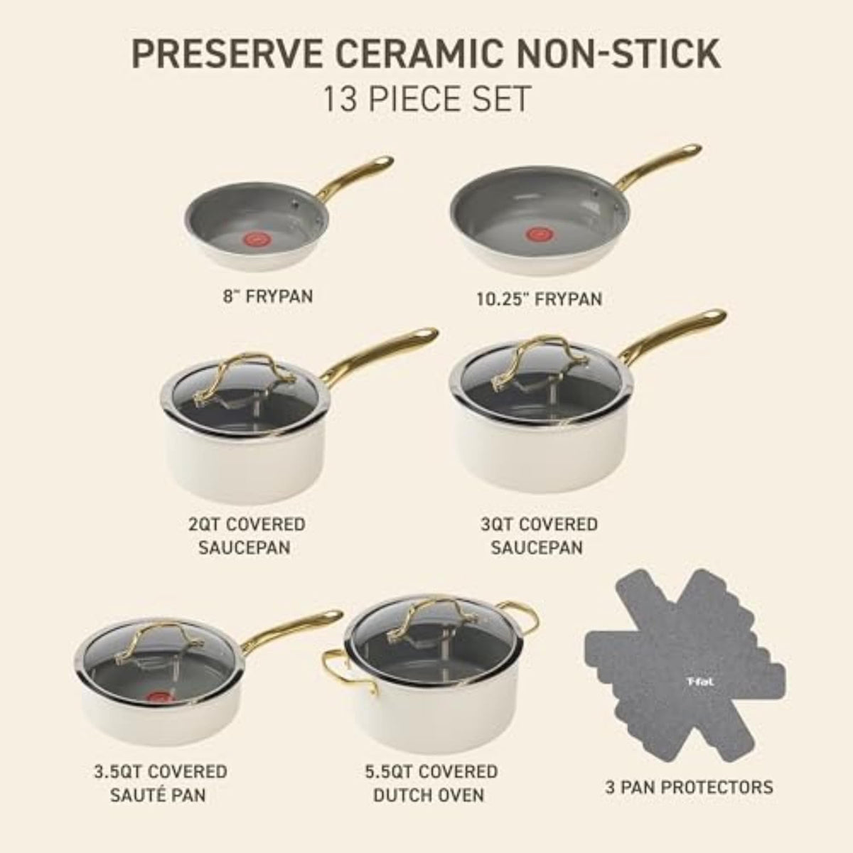 T-fal Preserve Ceramic, Non stick Cookware Set 13-Piece, Oven & Broiler Safe up to 350°F, Includes Stockpot, Saucepans, Frying Pans, Protectors, Pots and Pans, Beige