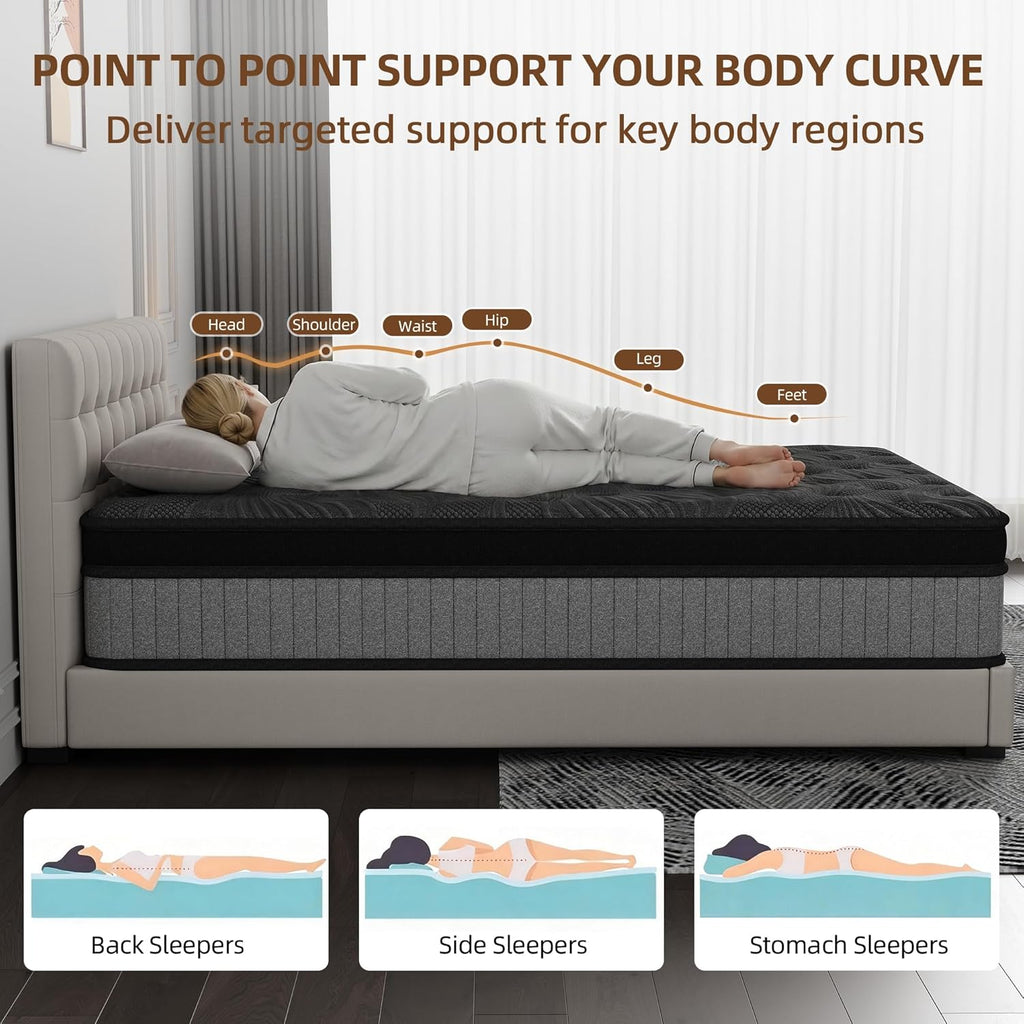 Queen Size 14 Inch Hybrid Mattress in a Box, Medium Firm Black and Gray Fabric Cover with Pocket Spring and Memory Foam - Breathable Supportive Cool Sleep for Back Side Stomach Sleepers