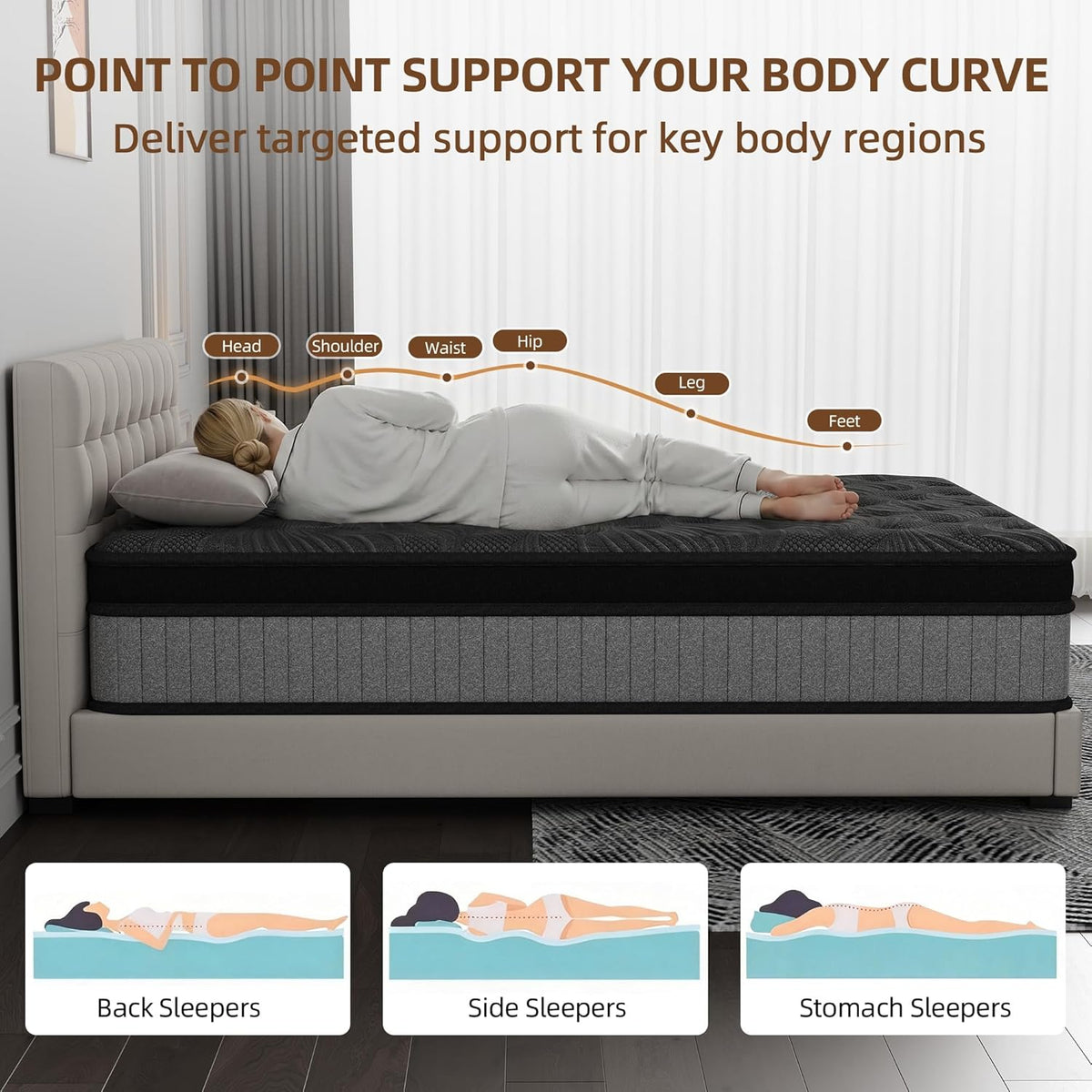 Queen Size 14 Inch Hybrid Mattress in a Box, Medium Firm Black and Gray Fabric Cover with Pocket Spring and Memory Foam - Breathable Supportive Cool Sleep for Back Side Stomach Sleepers