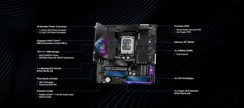 ASRock Intel Core Ultra Phantom Gaming Z890 Riptide WiFi 7 ATX Motherboard DDR5 9066 MHz 256 GB LGA1851 RL-ILM M.2 PCIe 5.0