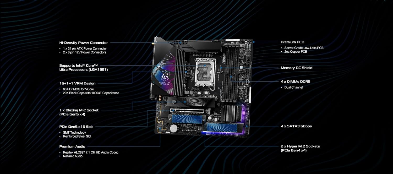 ASRock Intel Core Ultra Phantom Gaming Z890 Riptide WiFi 7 ATX Motherboard DDR5 9066 MHz 256 GB LGA1851 RL-ILM M.2 PCIe 5.0
