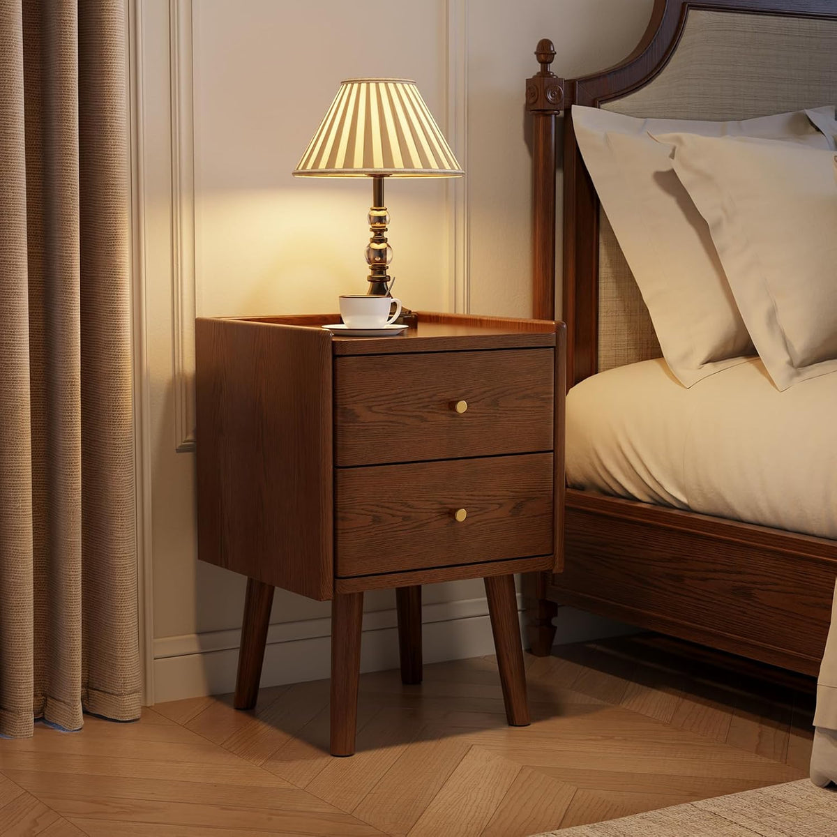 Walnut Nightstand, Solid Wood Nightstand, Modern Night Stand with Drawers, Wood Night Stand, End Table with Storage, Small Bedside Tables for Small Spaces, Walnut Bedside Table (23.6" H)